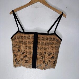 Aerie Top Women Large Casual Tee Brown Lace Corset Hooks Cropped Sexy‎ Summer